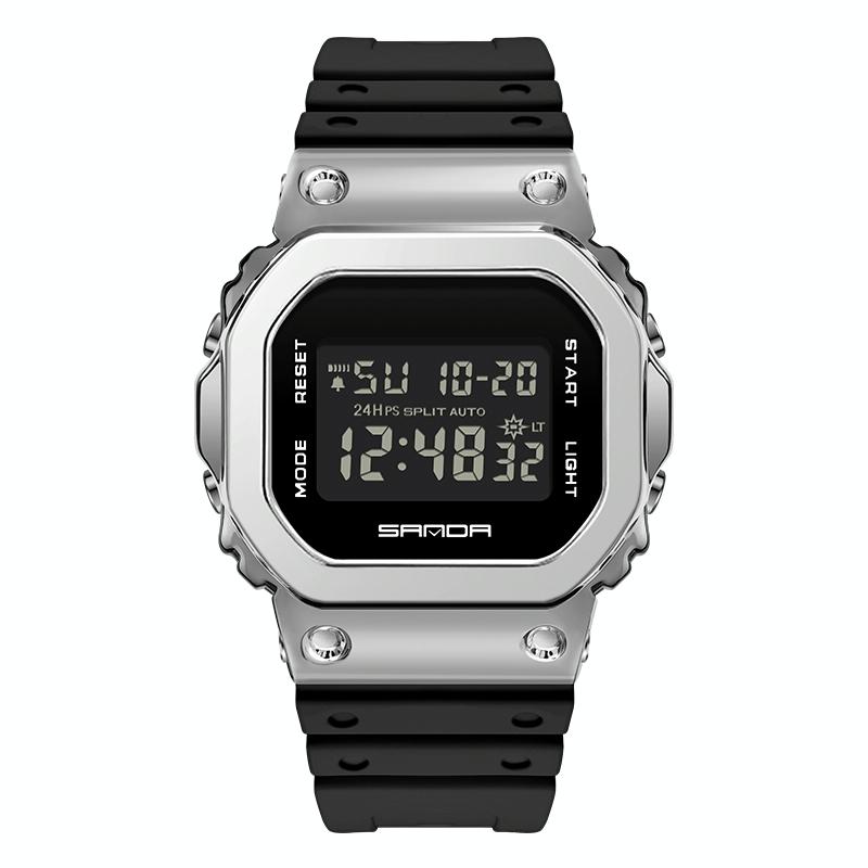 SANDA 2126 gehard spiegel lichtgevend waterdicht dubbel display elektronisch horloge (zwart zilver)