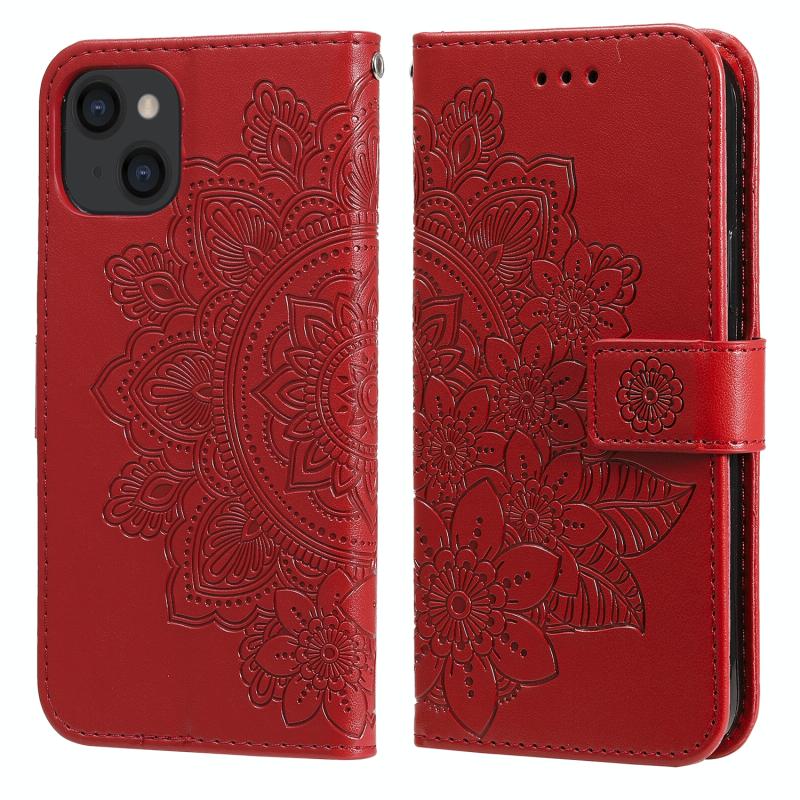 7-petal Flowers Embossing Leather Case For iPhone 14(Red)
