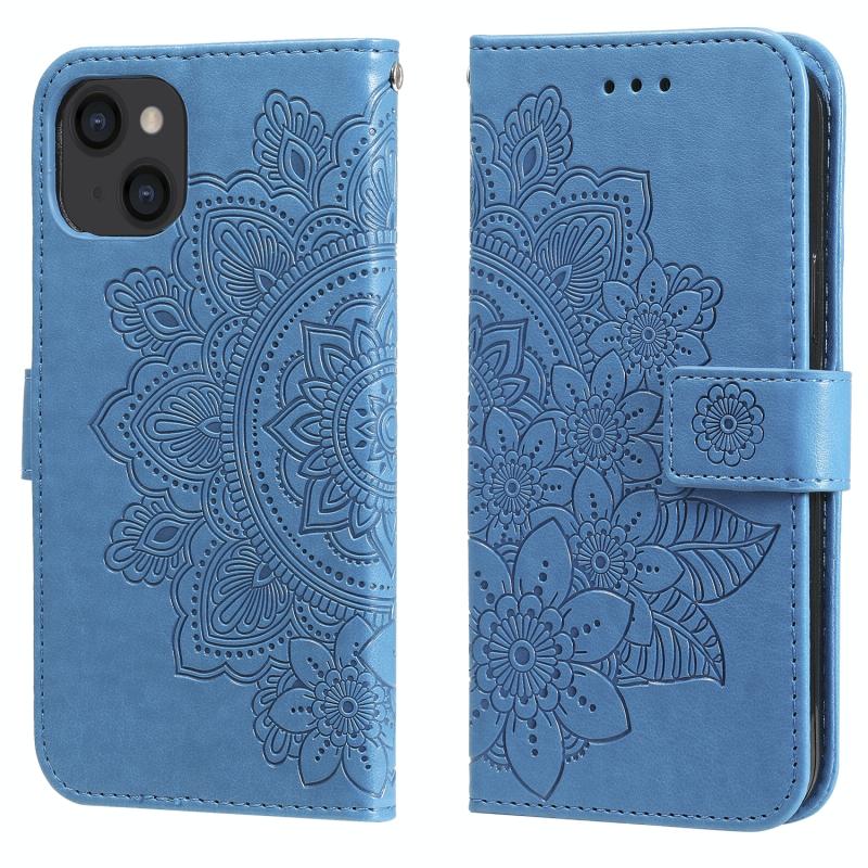 7-petal Flowers Embossing Leather Case For iPhone 14(Blue)