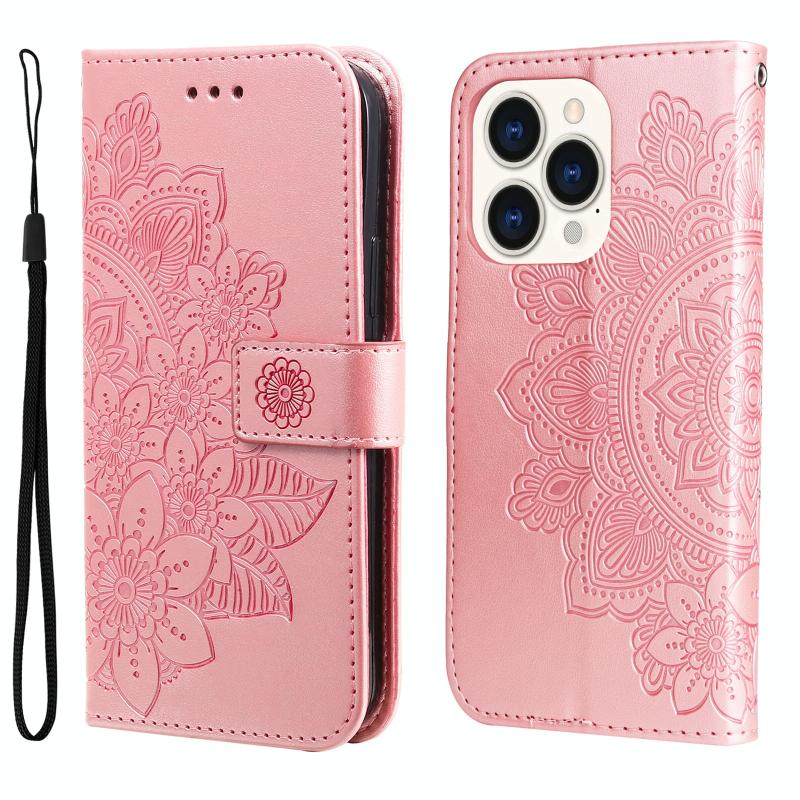 7-petal Flowers Embossing Leather Case For iPhone 14 Pro(Rose Gold)