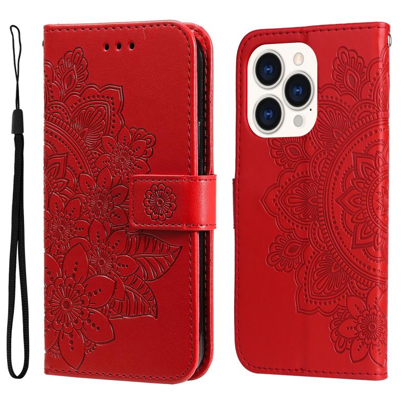 7-petal Flowers Embossing Leather Case For iPhone 14 Pro(Red)