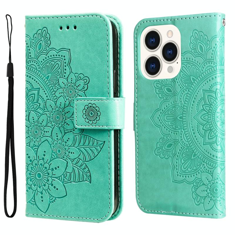 7-petal Flowers Embossing Leather Case For iPhone 14 Pro(Green)