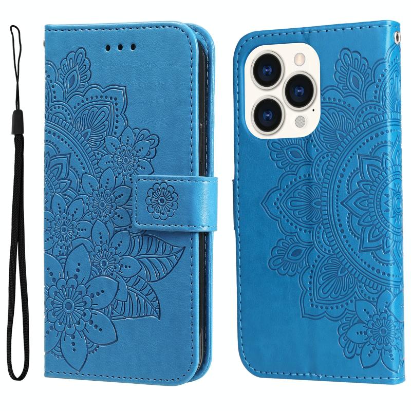 7-petal Flowers Embossing Leather Case For iPhone 14 Pro(Blue)