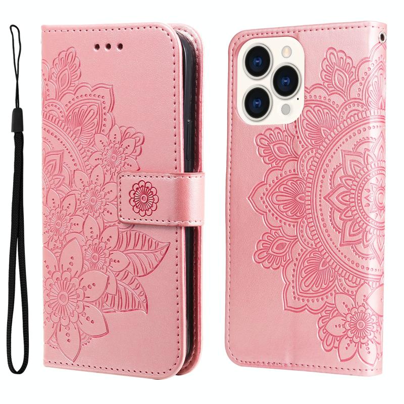 7-petal Flowers Embossing Leather Case For iPhone 14 Pro Max(Rose Gold)