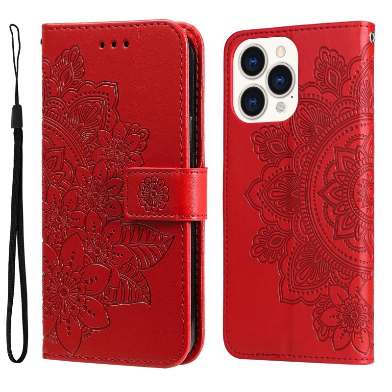 7-petal Flowers Embossing Leather Case For iPhone 14 Pro Max(Red)