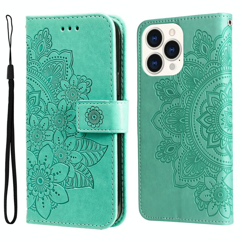 7-petal Flowers Embossing Leather Case For iPhone 14 Pro Max(Green)