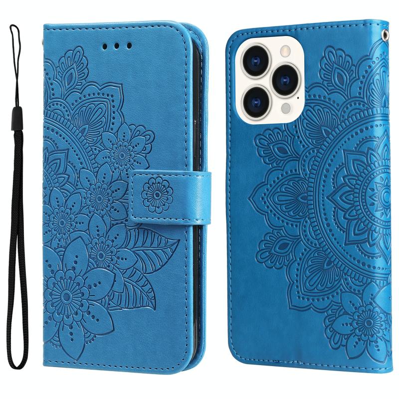 7-petal Flowers Embossing Leather Case For iPhone 14 Pro Max(Blue)