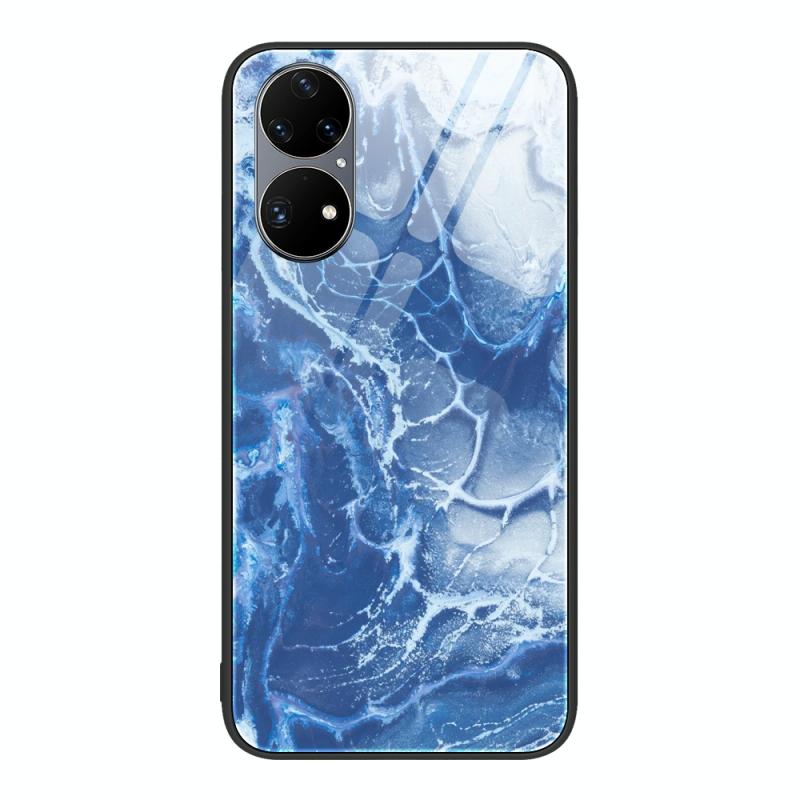 Voor Huawei P50 Pro marmeren patroon glazen beschermhoes (blauwe oceaan)