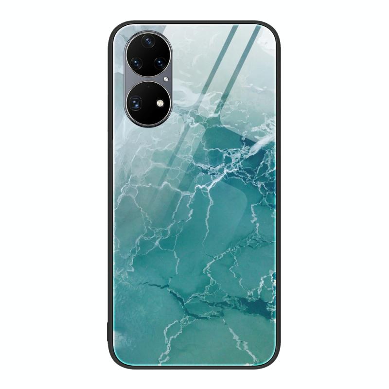 Voor Huawei P50 Pro Marmeren Patroon Glas Beschermende Telefoon Case (Groene Oceaan)