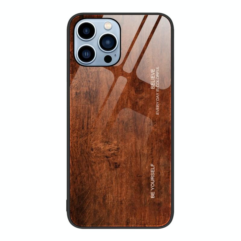 Wood Grain Glass Protective Case For iPhone 13 Pro(Dark Brown)