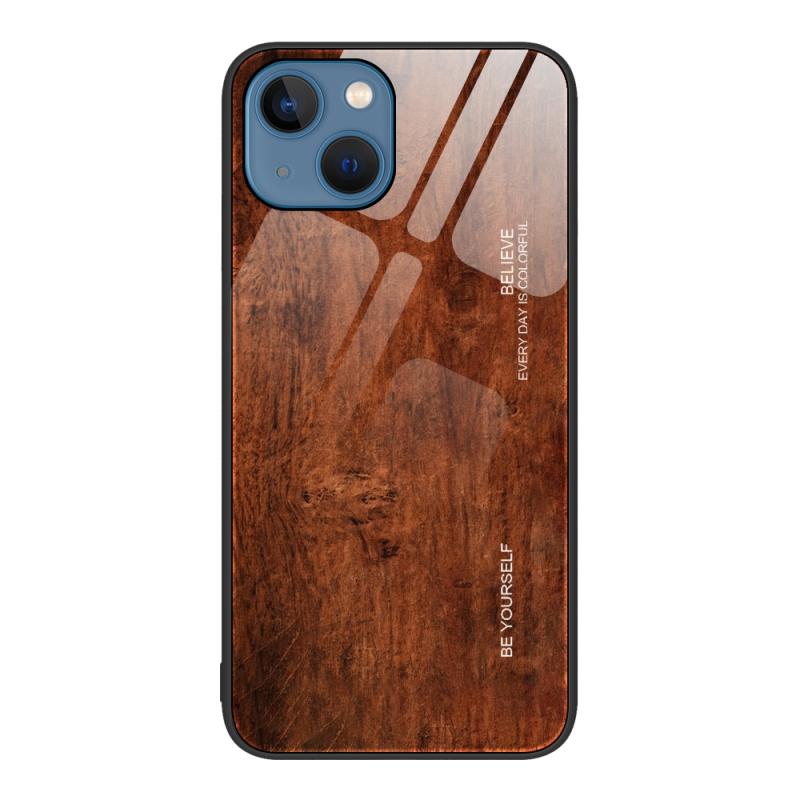 Wood Grain Glass Protective Case For iPhone 13(Dark Brown)