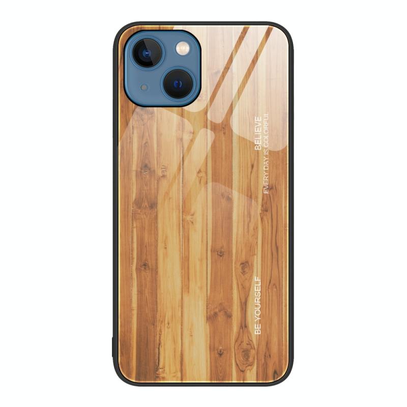Wood Grain Glass Protective Case For iPhone 13(Yellow)