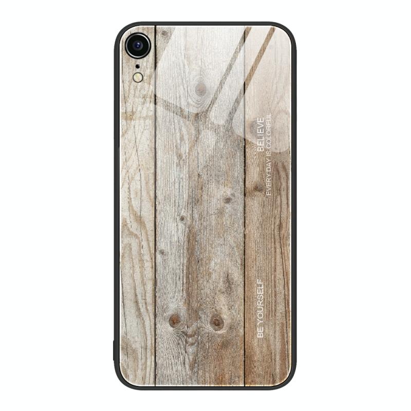 Wood Grain Glass Protective Case For iPhone XR(Grey)