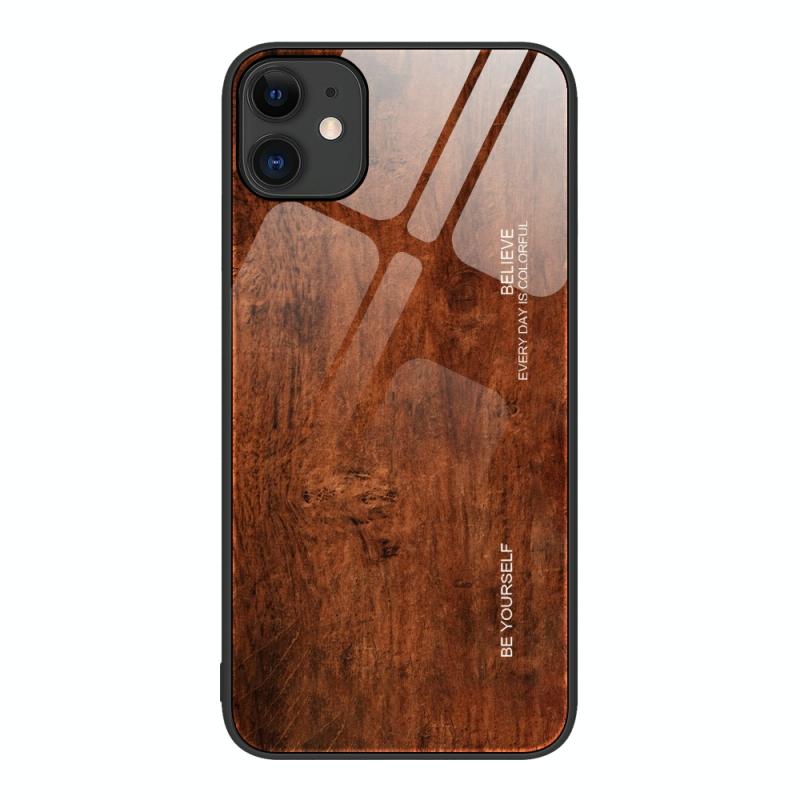 Wood Grain Glass Protective Case For iPhone 11(Dark Brown)