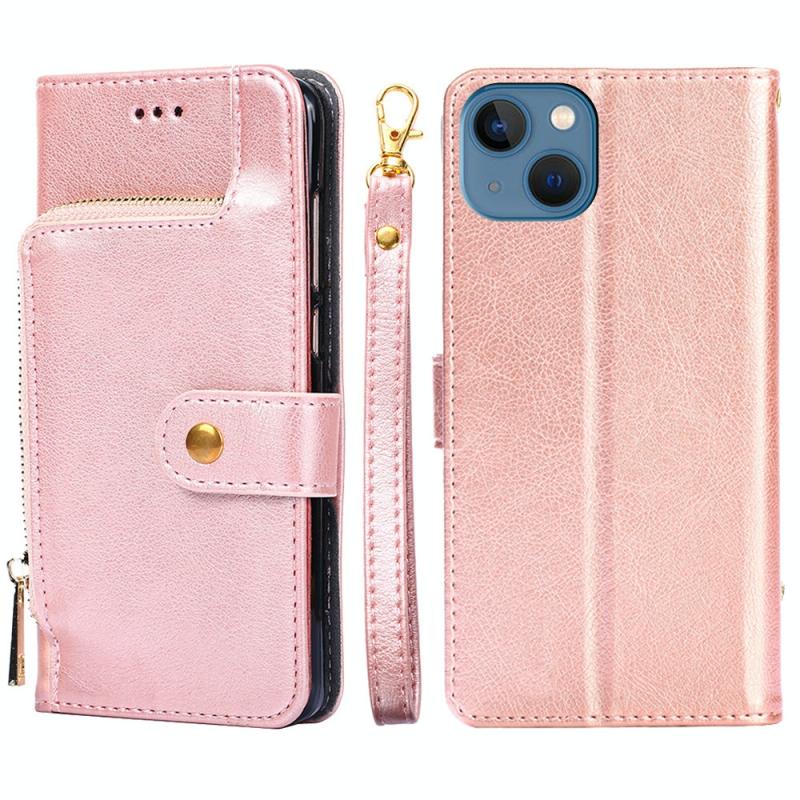 Voor iPhone 14 lederen telefoonhoes met ritssluiting (roségoud)