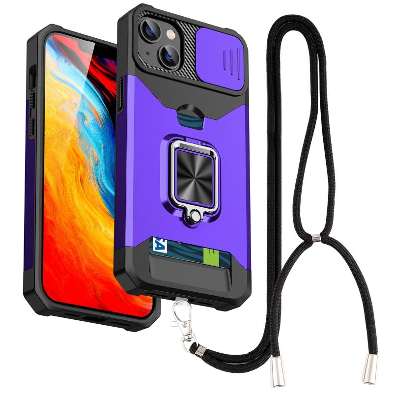 Voor iPhone 14 Plus Lanyard Slide Camshield Ring Card Phone Case