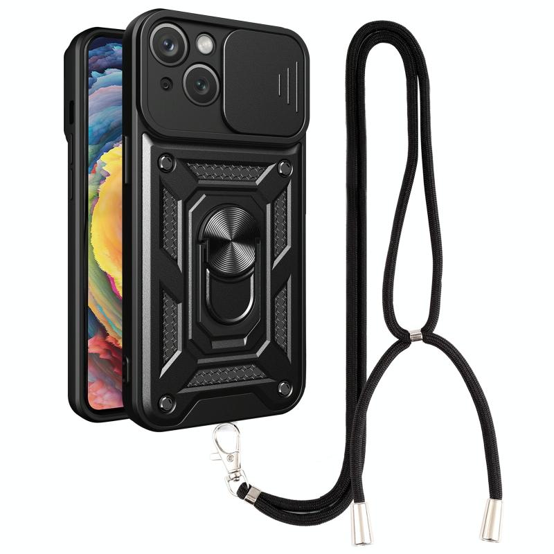 Voor iPhone 14 Lanyard Slide Camshield Ring Phone Case