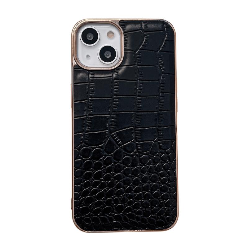 Voor iPhone 14 Krokodil Textuur Echt Leer Nano Galvaniseren Telefoon Case (Zwart)