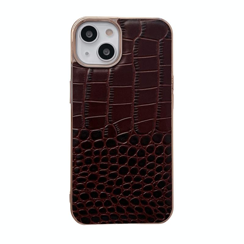 Voor iPhone 14 Krokodil Textuur Echt Leer Nano Galvaniseren Telefoon Case (Koffie)