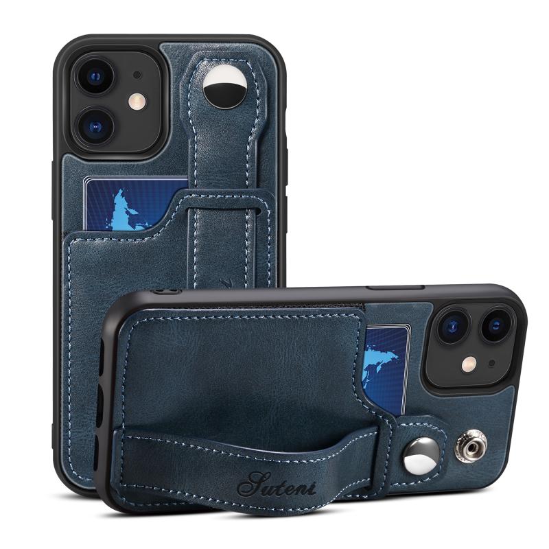Suteni 215 Wrist Strap PU Phone Case For iPhone 11(Blue)