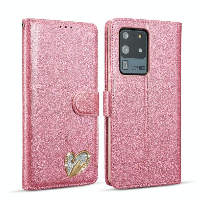 Voor Samsung Galaxy S20 Ultra Glitter Poeder Liefde Lederen Telefoon Case (Rose Red)
