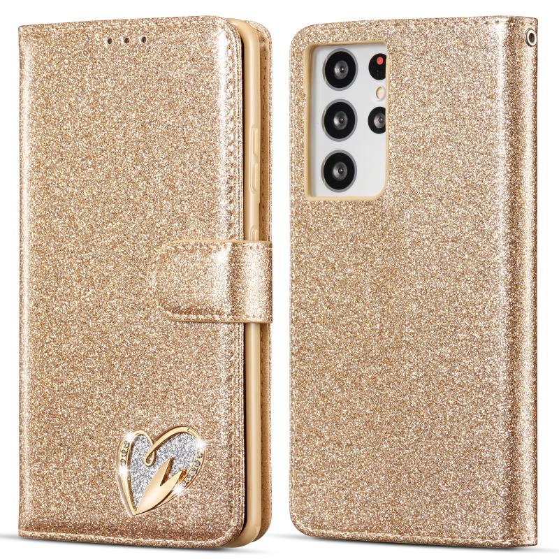 Voor Samsung Galaxy S21 Ultra 5G Glitter Poeder Liefde Lederen Telefoonhoes (Goud)
