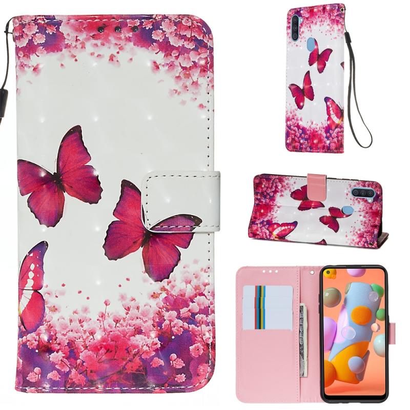 Voor Galaxy M11 3D Painting Horizontale Flip Lederen case met Holder & Card Slot & Wallet & Lanyard(Rose Butterfly)