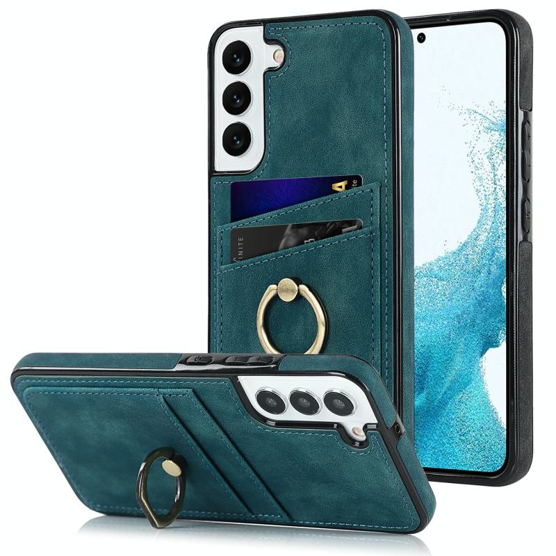 For Samsung Galaxy S22 5G Vintage Patch Leather Phone Case with Ring Holder(Blue)