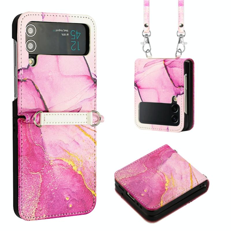 For Samsung Galaxy Z Flip3 5G Crossbody Marble Pattern Leather Phone Case(Pink Purple Gold LS001)