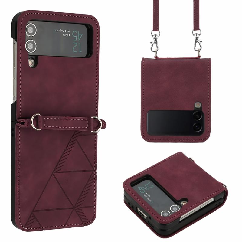 For Samsung Galaxy Z Flip3 5G Crossbody 3D Embossed Leather Phone Case(Wine Red)