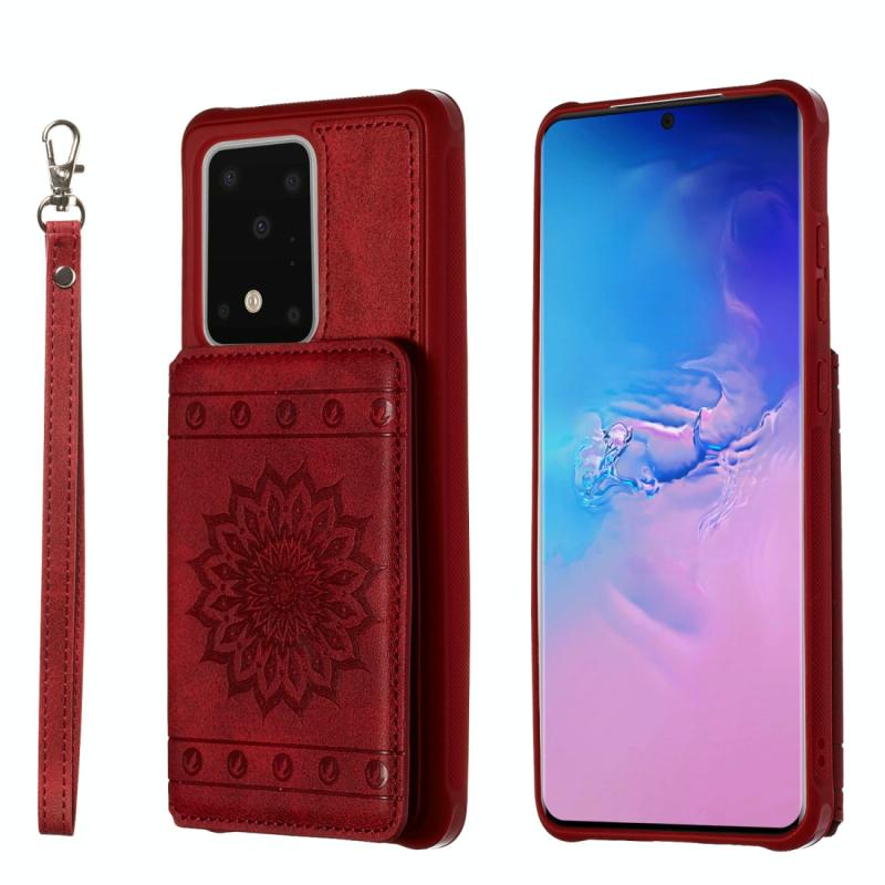 Voor Galaxy S20 Ultra Sun Flower Pattern Embossed Horizontal Drop-proof Mobile Phone Case with Card Slots & Wallet & Photo Holder & Stand Function(Red