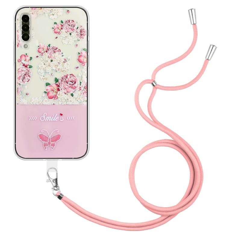 Voor Samsung Galaxy A50 / A50s / A30s Bronzing Butterfly Flower TPU Phone Case met Lanyard (Peony)