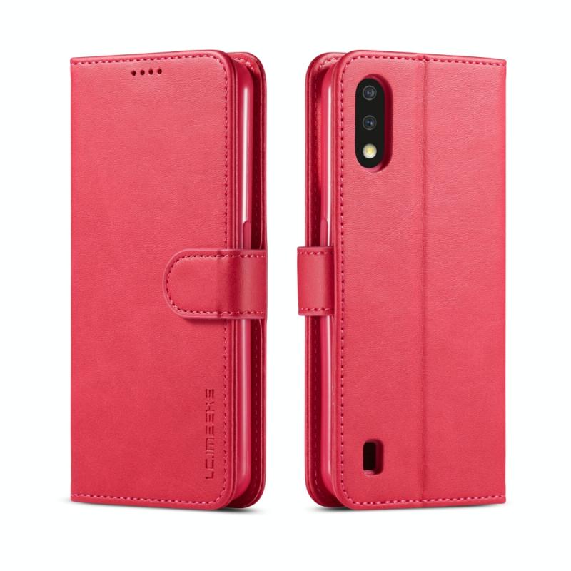 Voor Galaxy A01 LC. IMEEKE Calf Texture Horizontal Flip Leather Case met Holder & Card Slots & Wallet & Photo Frame(Red)