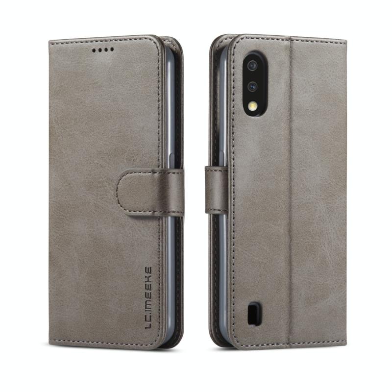 Voor Galaxy A01 LC. IMEEKE Calf Texture Horizontal Flip Leather Case met Holder & Card Slots & Wallet & Photo Frame(Grijs)