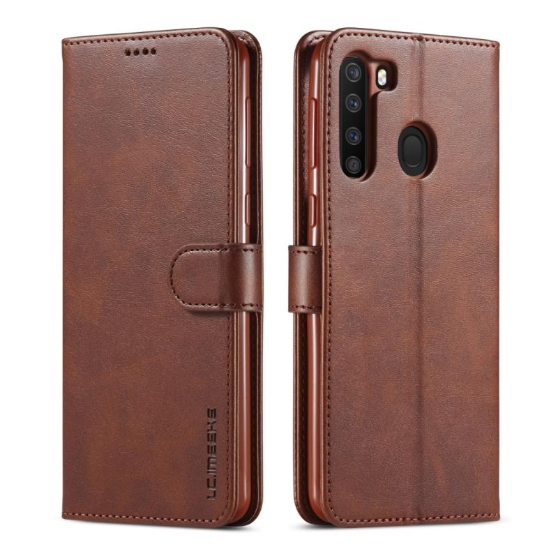 Voor Galaxy A21 LC. IMEEKE Calf Texture Horizontal Flip Leather Case met Holder & Card Slots & Wallet & Photo Frame(Coffee)