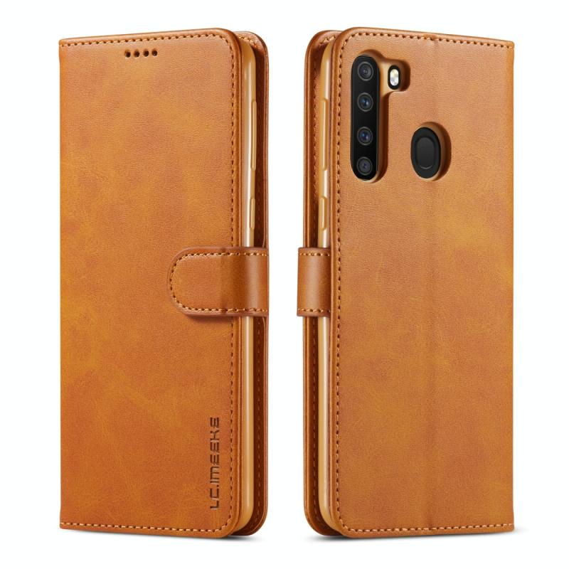 Voor Galaxy A21 LC. IMEEKE Calf Texture Horizontal Flip Leather Case met Holder & Card Slots & Wallet & Photo Frame(Brown)