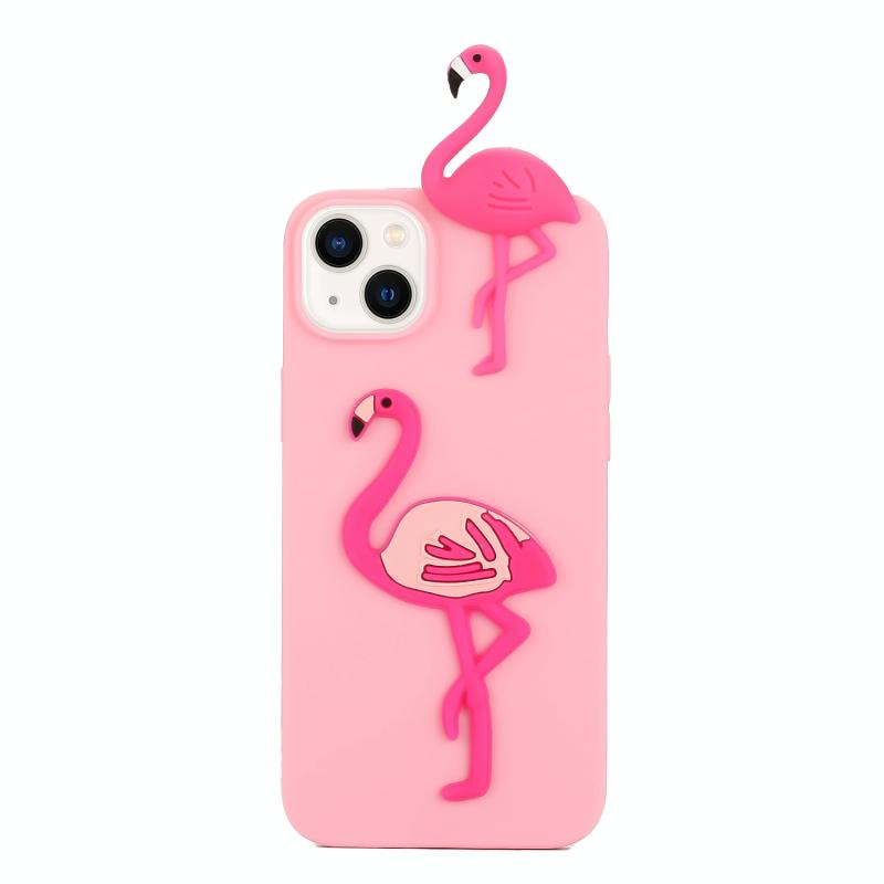 Voor iPhone 14 Plus 3D siliconen liggend Cartoon TPU telefoonhoesje (Flamingo)