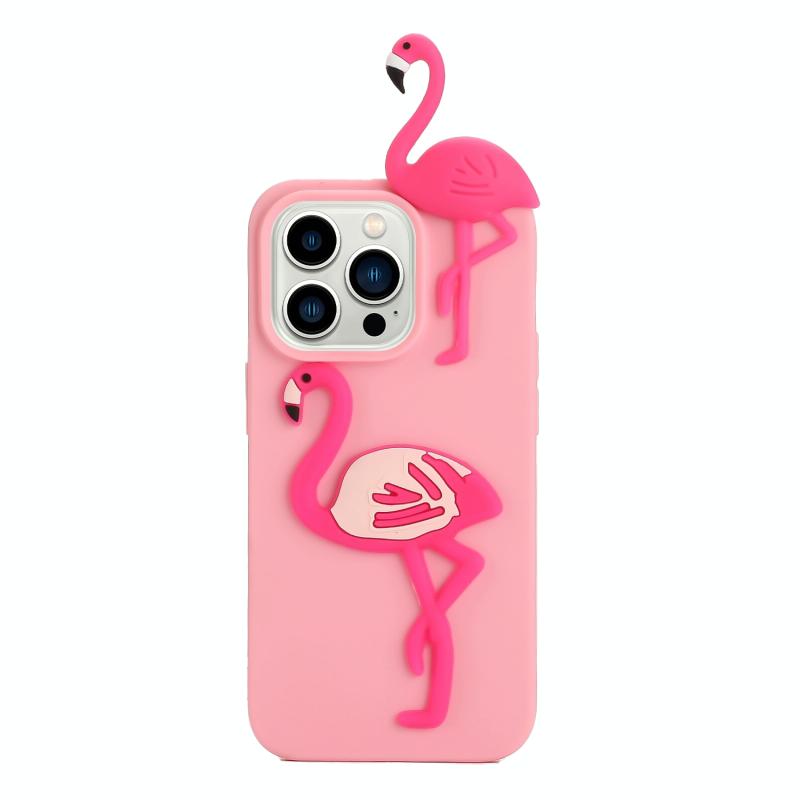 Voor iPhone 14 Pro Max 3D siliconen liggend Cartoon TPU telefoonhoesje (Flamingo)