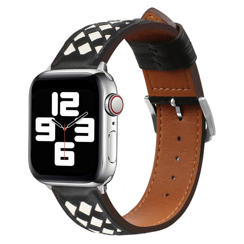 Gevlochten lederen horlogeband voor Apple Watch Series 8 & 7 41 mm / SE 2 & 6 & SE & 5 & 4 40 mm / 3 & 2 & 1 38 mm (zwart + beige)