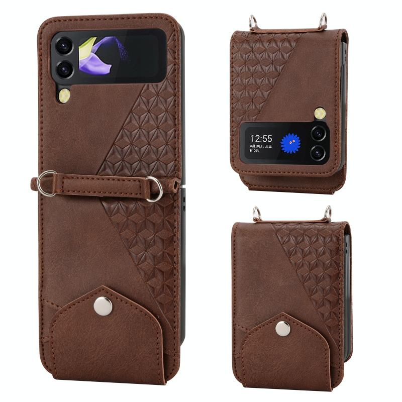 Voor Samsung Galaxy Z Flip4 Cubic Grid Kalf Textuur Lederen Telefoon Case (Bruin)