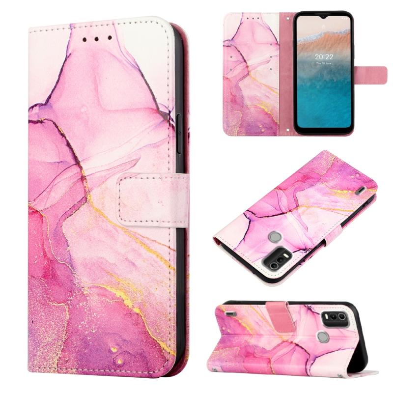 Voor Nokia C21 Plus PT003 Marmer Patroon Flip Lederen Telefoon Case (Roze Paars Goud LS001)