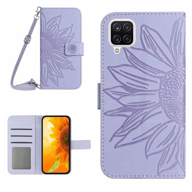 Voor Samsung Galaxy F62/M62 Skin Feel Sun Flower Pattern Flip Leather Phone Case met Lanyard (Paars)