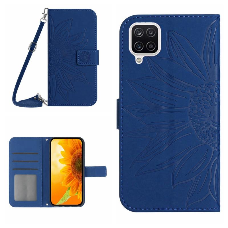 Voor Samsung Galaxy F62/M62 Skin Feel Sun Flower Pattern Flip Leather Phone Case met Lanyard (Donkerblauw)