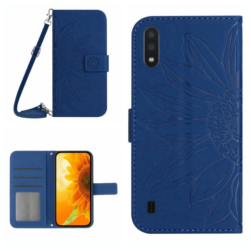 Voor Samsung Galaxy M10/A10 Skin Feel Sun Flower Pattern Flip Leather Phone Case met Lanyard (Donkerblauw)