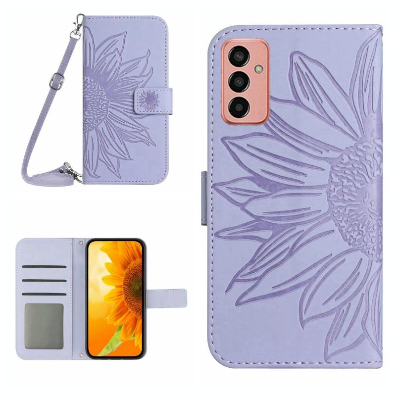 Voor Samsung Galaxy M23 5G Skin Feel Sun Flower Pattern Flip Leather Phone Case met Lanyard (Paars)