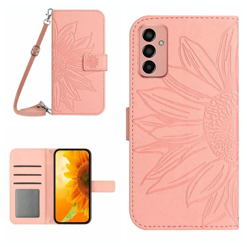 Voor Samsung Galaxy M23 5G Skin Feel Sun Flower Pattern Flip Leather Phone Case met Lanyard