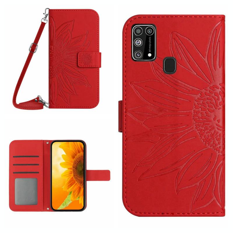 Voor Samsung Galaxy M31 / M21S Skin Feel Sun Flower Pattern Flip Leather Phone Case met Lanyard (Rood)