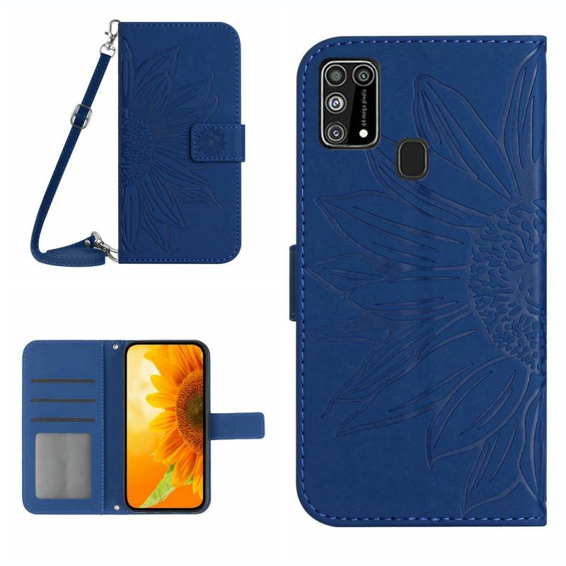 Voor Samsung Galaxy M31/M21S Skin Feel Sun Flower Pattern Flip Leather Phone Case met Lanyard (Donkerblauw)