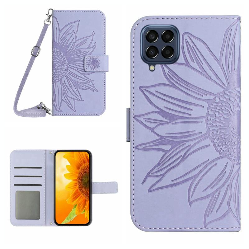 Voor Samsung Galaxy M33 5G Skin Feel Sun Flower Pattern Flip Leather Phone Case met Lanyard (Paars)