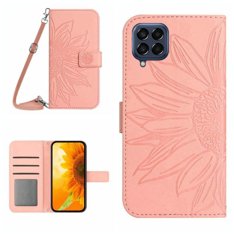 Voor Samsung Galaxy M33 5G Skin Feel Sun Flower Pattern Flip Leather Phone Case met Lanyard